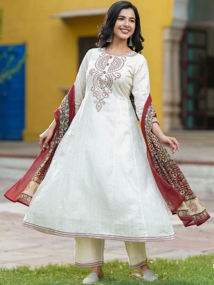 Dhiyona RR Women's Embroidered Regular Sequinned Cotton Kurta with Trousers & Dupatta