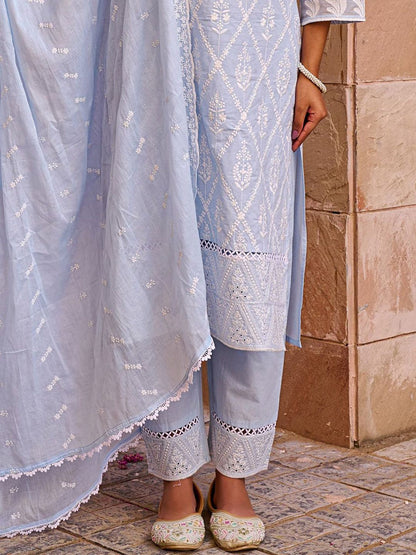 Women Ethnic Motifs Embroidered Cotton Kurta with Trousers & Dupatta