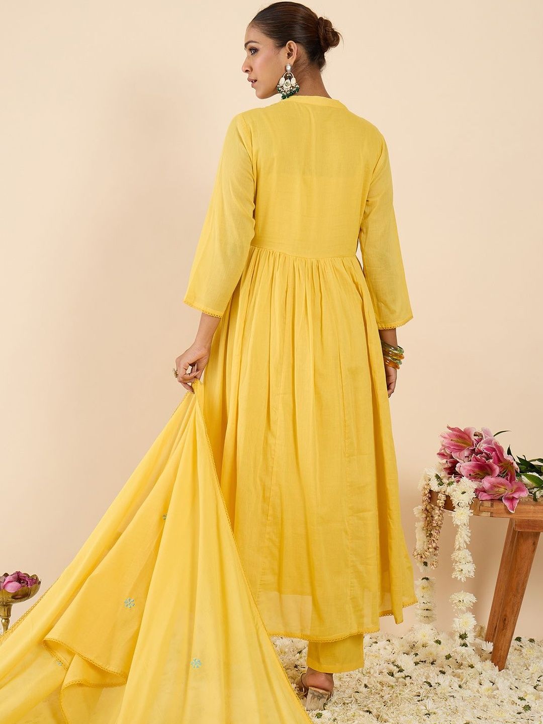 Floral Embroidered Pleated Pure Cotton Straight Kurta With Trousers & Dupatta