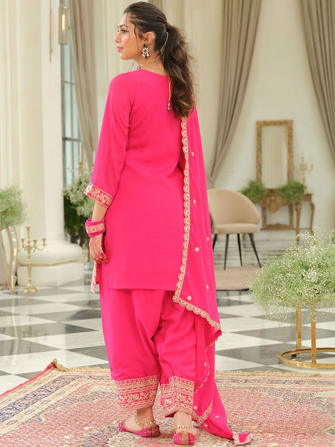 Women Ethnic Motifs Self Design Sequinned Kurta with Patiala & With Dupatta