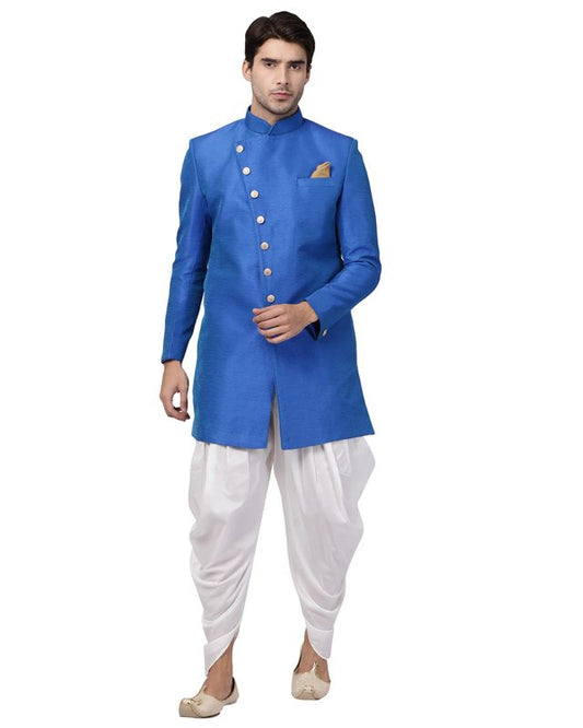 Men's Blue Silk Blend Straight Sherwani Set