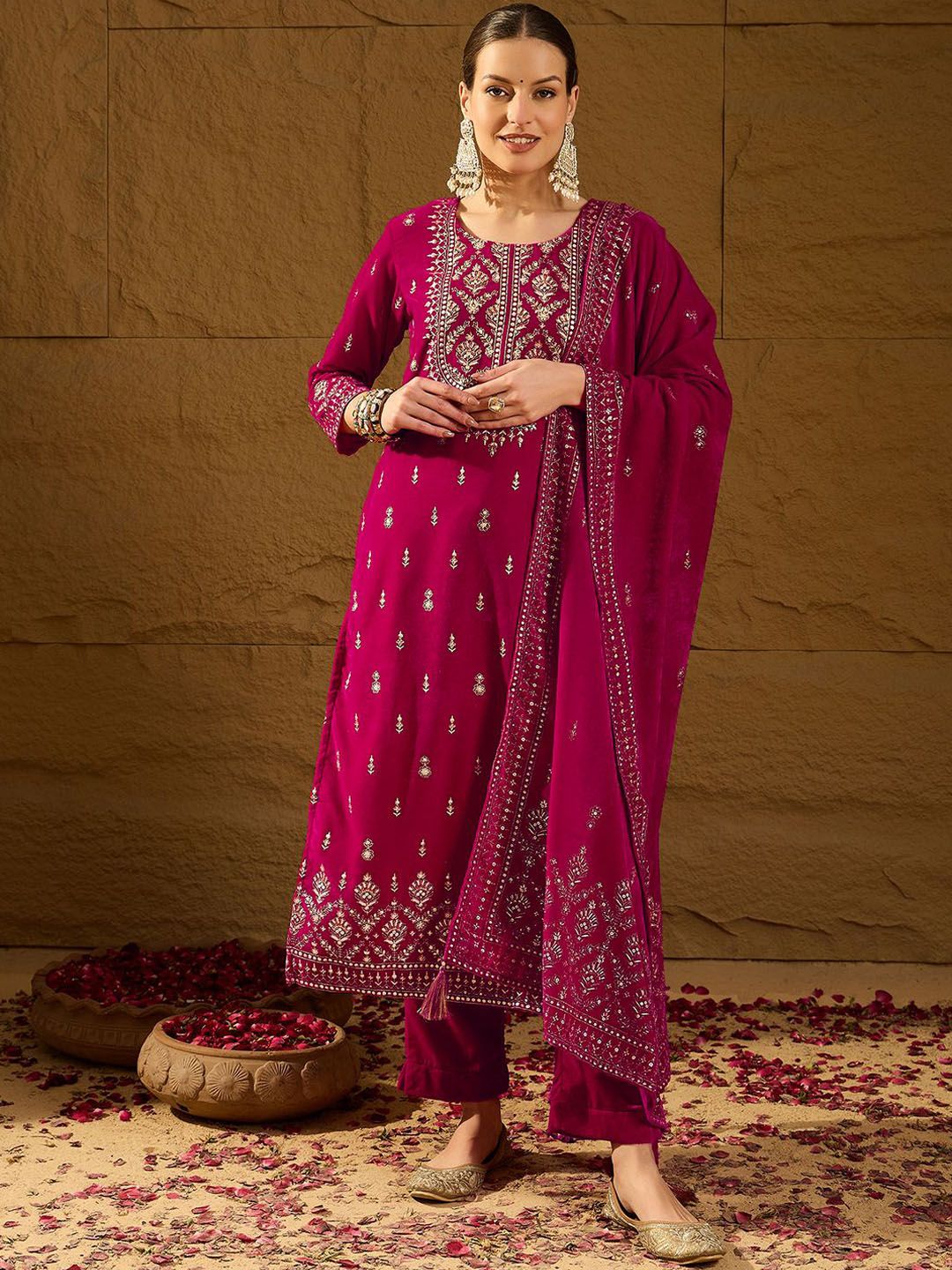 Dhiyona PD Women Embroidered Velvet Straight Kurta With Trousers And Dupatta