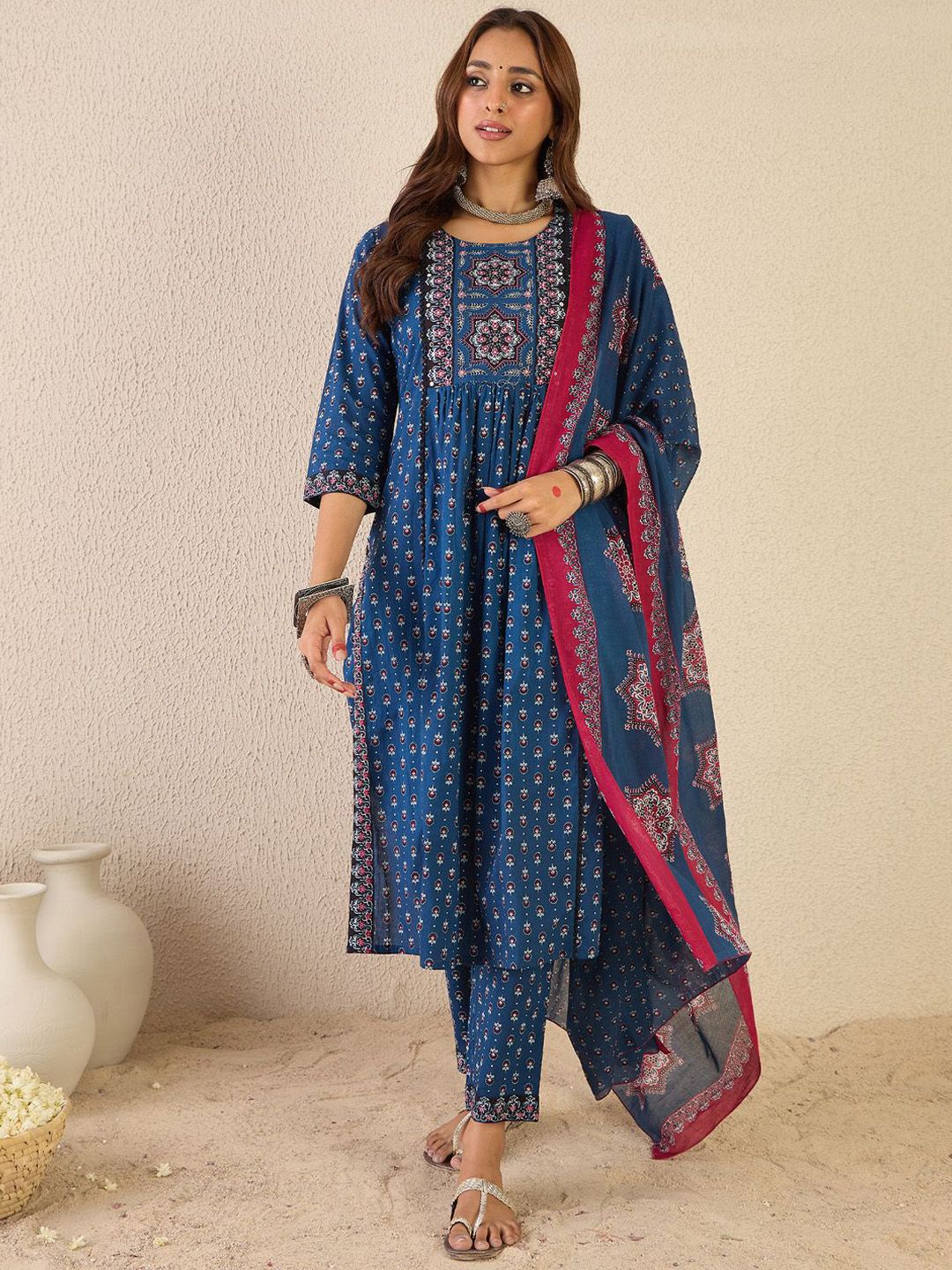 Dhiyona IE Ethnic Motifs Printed Round Neck A line Pure Cotton Kurta with Trousers & Dupatta