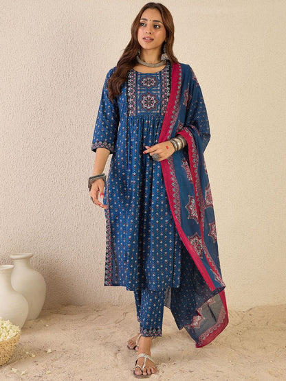 Dhiyona IE Ethnic Motifs Printed Round Neck A line Pure Cotton Kurta with Trousers & Dupatta