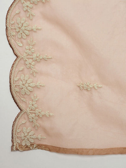 Floral Yoke Design Thread Work Straight Kurta With Trousers & Dupatta