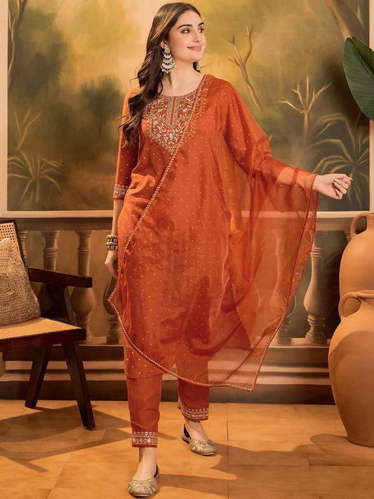 Dhiyona SN Women's Polka Dots Printed V-Neck Thread Work Chinon Kurta With Trousers & Dupatta