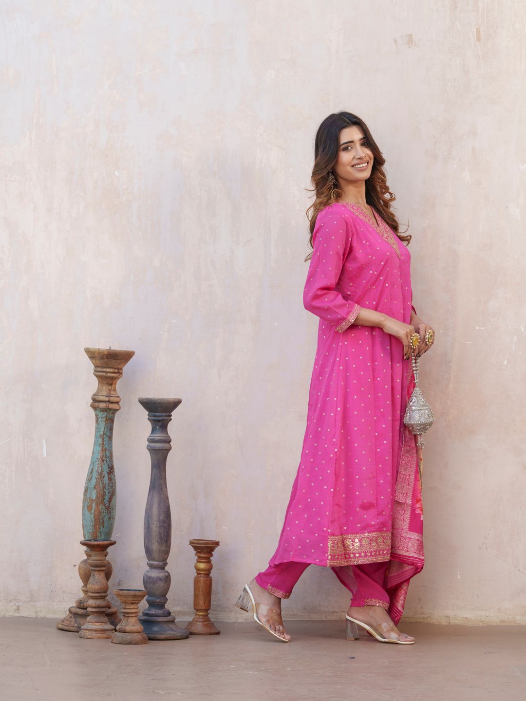 Dhiyona PD Women Bandhani Printed V-Neck Panelled Anarkali Kurta With Trouser & Dupatta