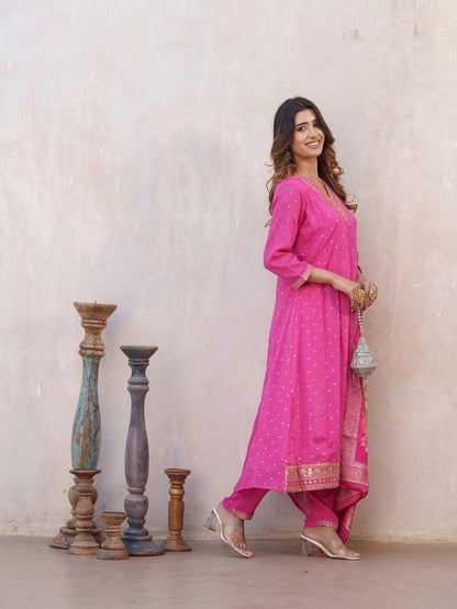 Dhiyona PD Women Bandhani Printed V-Neck Panelled Anarkali Kurta With Trouser & Dupatta