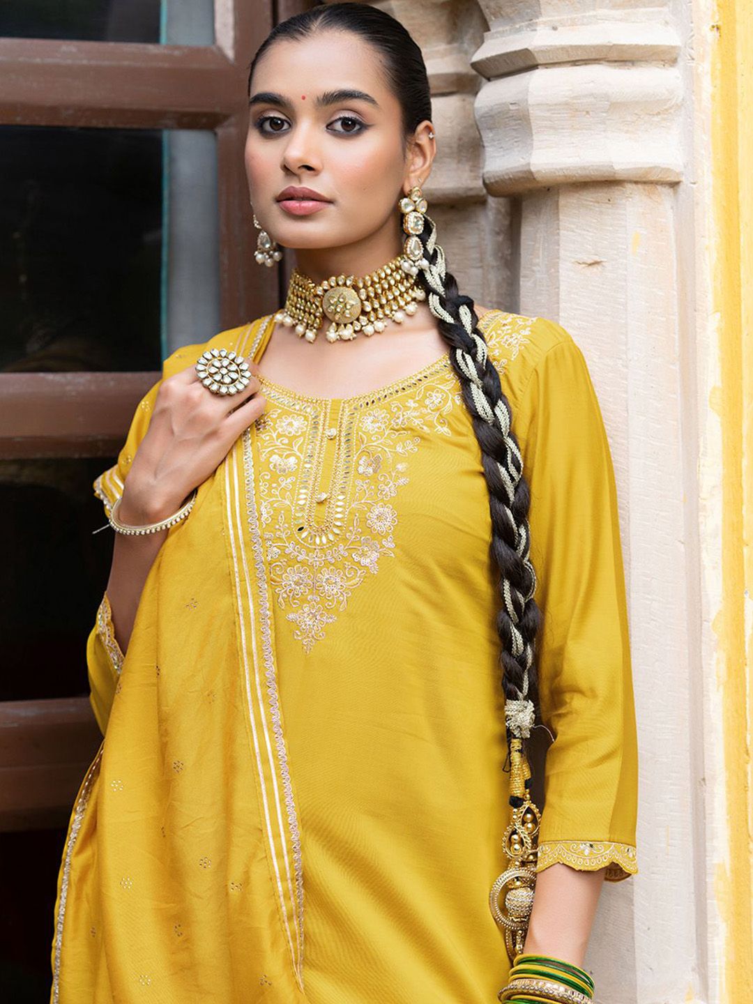 Dhiyona CH Women Ethnic Motifs Embroidered Thread Work Kurta with Trousers & Dupatta