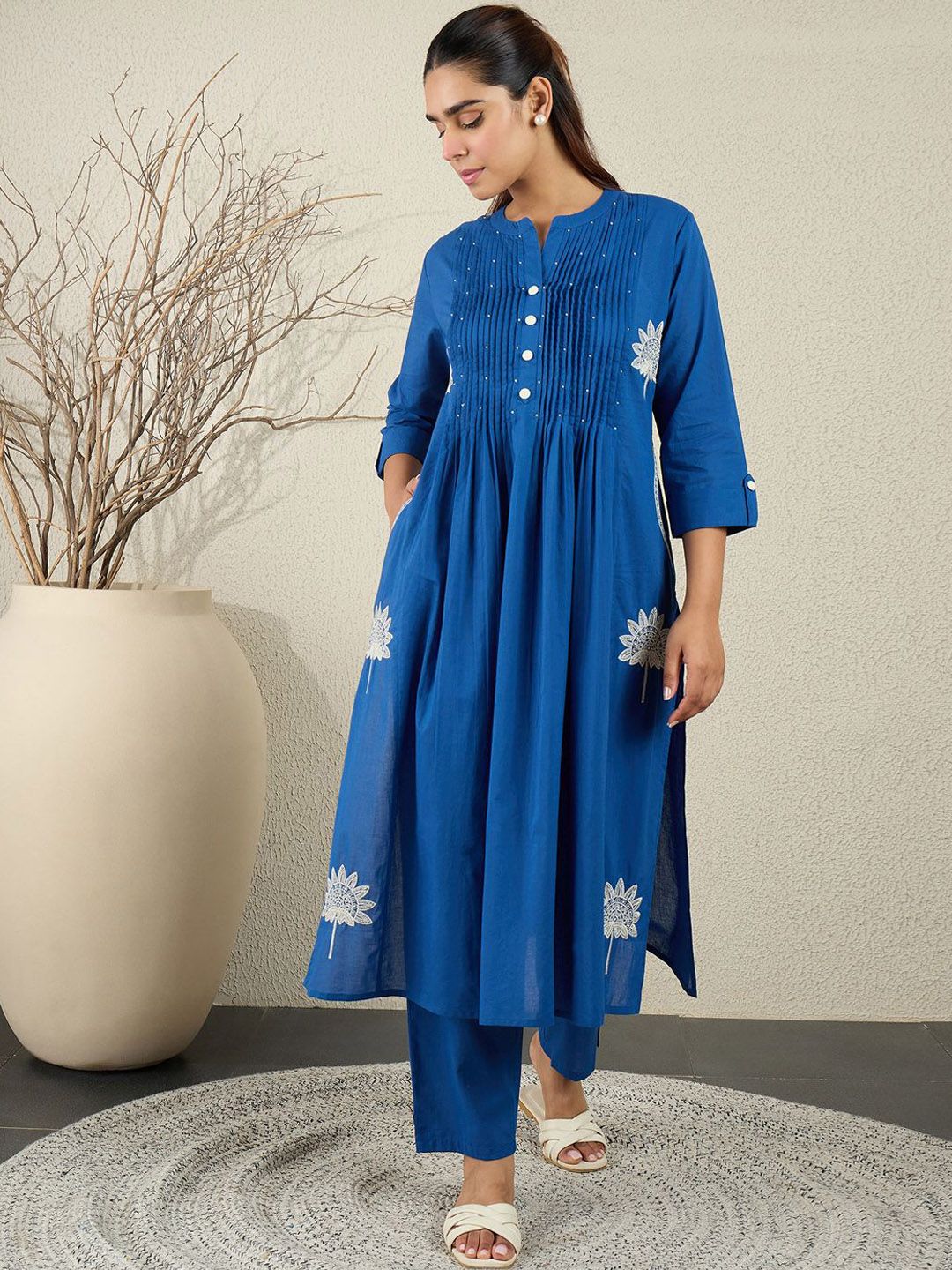 Dhiyona IE Blue Embroidered Top With Trouser Co-Ords