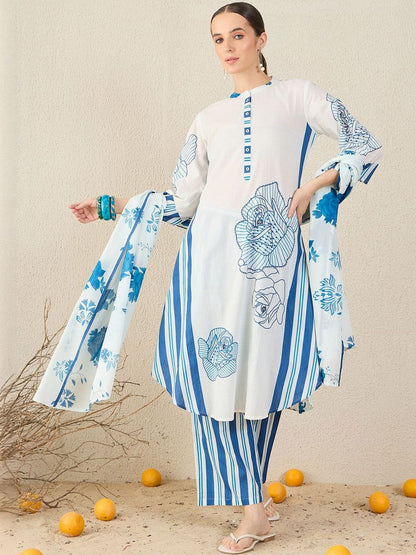 Floral Printed Pure Cotton Kurta With Trouser & Dupatta