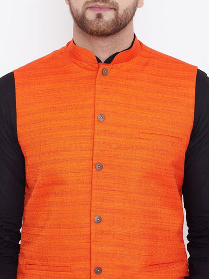 Men's Black Cotton Blend Straight Jacket  Kurta and Pyjama Set
