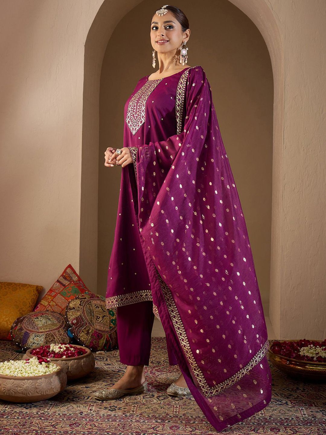 Dhiyona IE Women Ethnic Motifs Embroidered Regular Sequinned Kurta with Trousers & With Dupatta