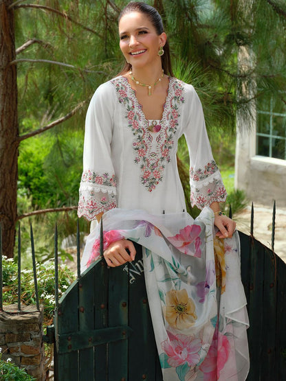 Floral Yoke Design Square Neck Thread Work A-Line Kurta With Trousers & Dupatta