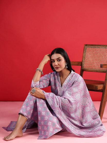 Dhiyona IE V-Neck Ethnic Motifs Printed Regular Pure Cotton Kurta Set