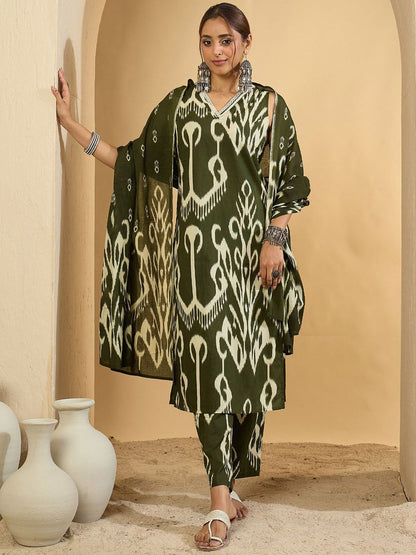 Women Geometric Printed Regular Pure Cotton Kurta with Trousers & With Dupatta