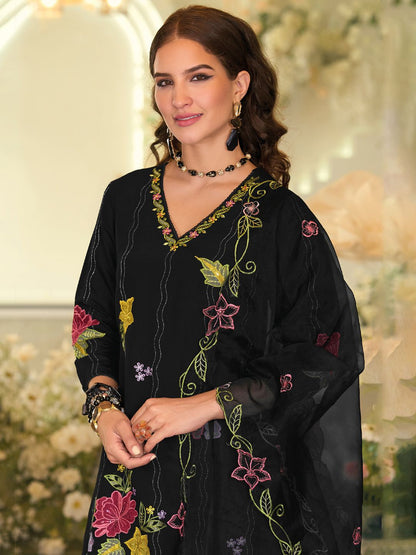 Floral Embroidered Thread Work Straight Kurta With Trousers And Dupatta