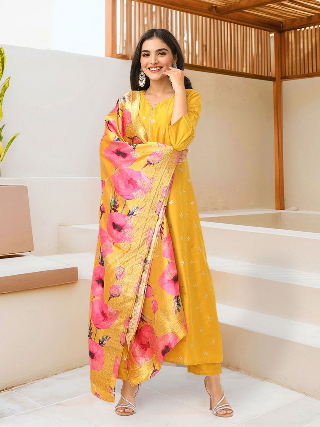 Dhiyona IS Women's Yellow Embroidered Sequinned Silk Crepe Anarkali Kurta With Trousers & Dupatta