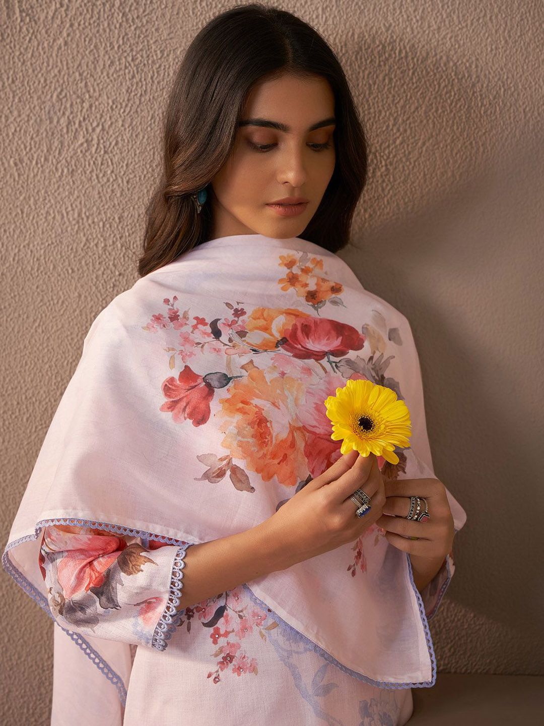 Floral Printed Beads and Stones Linen Straight Kurta with Trousers & Dupatta