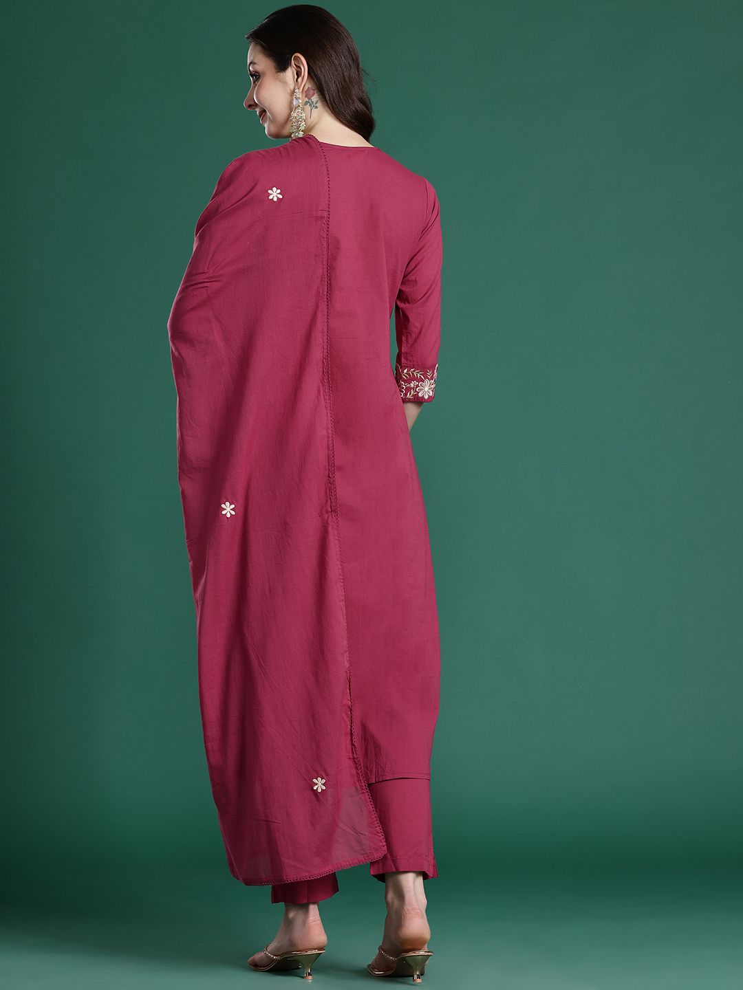 Floral Pleated Sequinned Pure Cotton Kurta with Trousers & With Dupatta