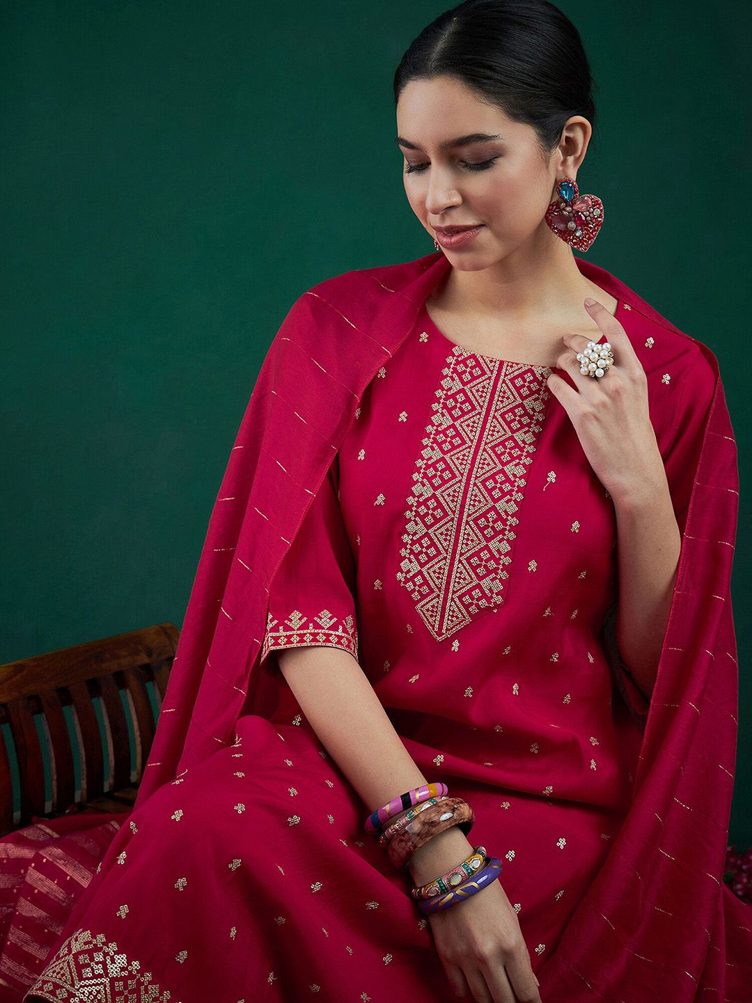 Dhiyona IE Embroidered Sequinned Chanderi Silk Straight Kurta With Trousers & Dupatta
