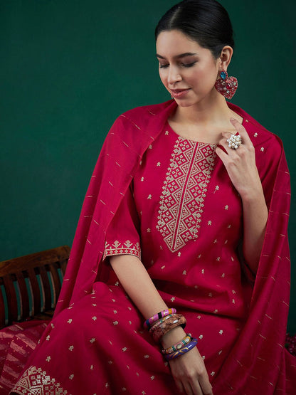 Dhiyona IE Embroidered Sequinned Chanderi Silk Straight Kurta With Trousers & Dupatta
