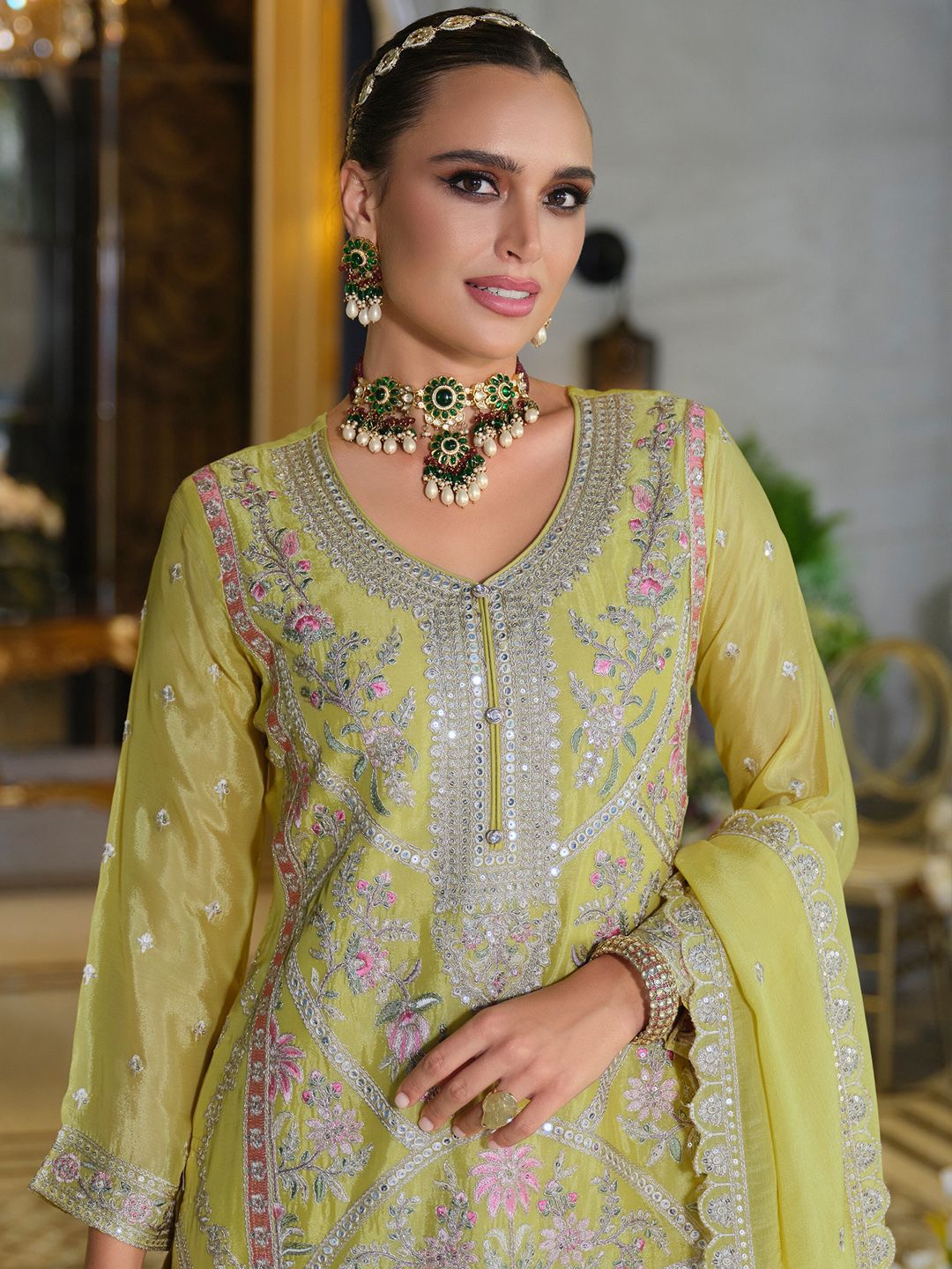 Adults-Women Woven Design Embroidered Kurta with Palazzos & Dupatta