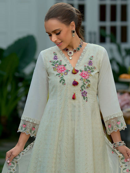 Floral Yoke Design Thread Work Pure Cotton Anarkali Kurta Wth Trousers & Dupatta