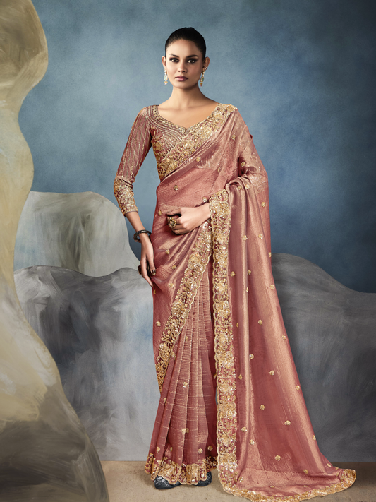Dhiyona KM Women Tissue Embroidered Fancy Heavy Border Saree