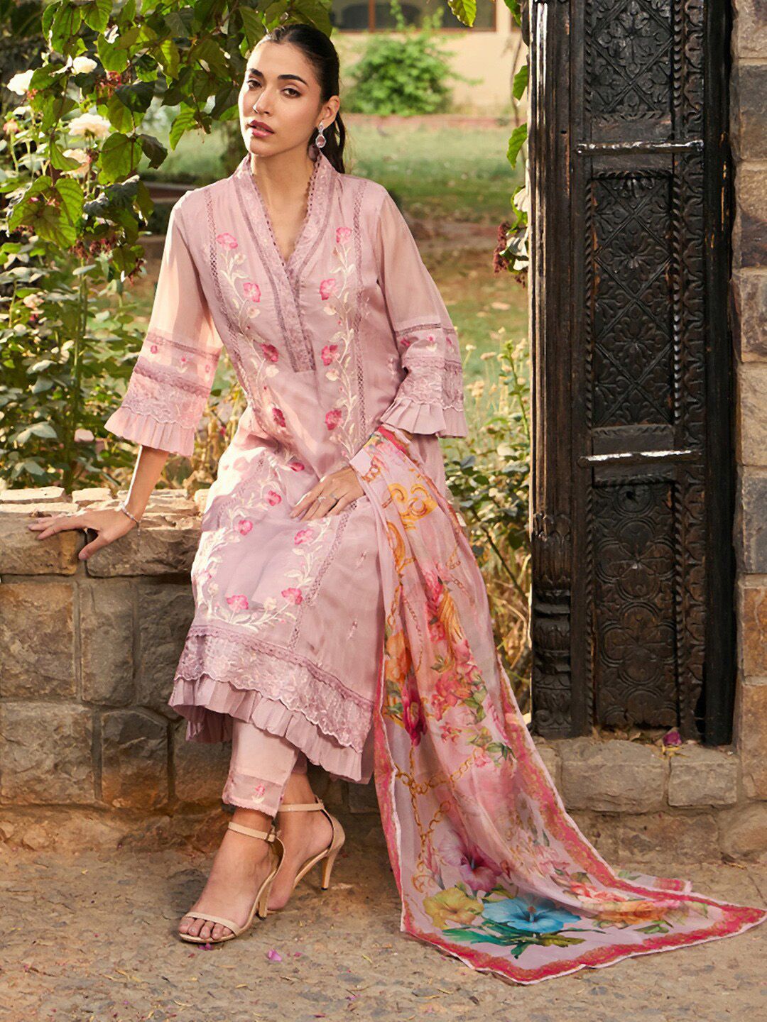 Dhiyona IE V Neck Floral Embroidered Panelled A Line Kurta with Trouser & Dupatta