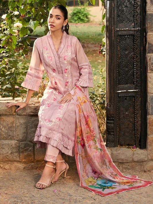 V Neck Floral Embroidered Panelled A Line Kurta with Trouser & Dupatta
