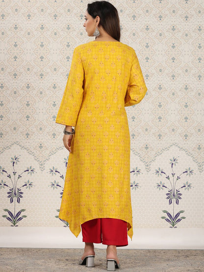 Dhiyona OD  Ethnic Motifs Printed V-Neck Asymmetric A-Line Kurta