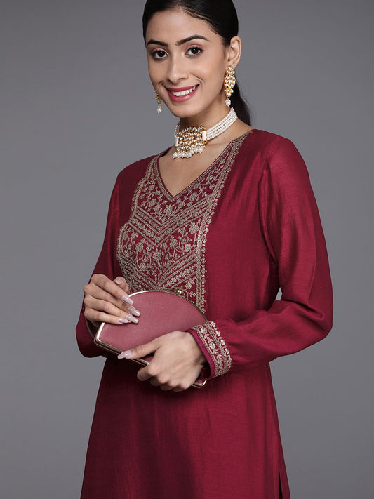 Dhiyona LB Women's Women Maroon Ethnic Motifs Embroidered Embellished Yoke Design Kurta
