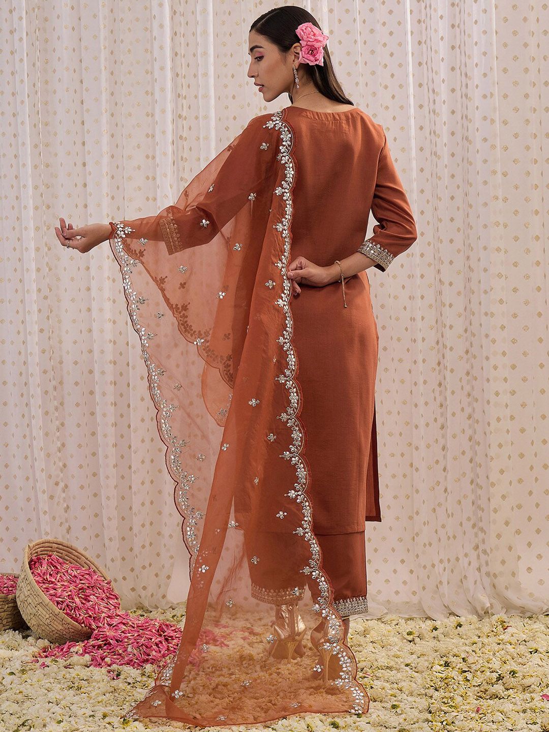 Dhiyona IE Ethnic Motifs Embroidered Regular Gotta Patti Kurta with Trouser & Dupatta