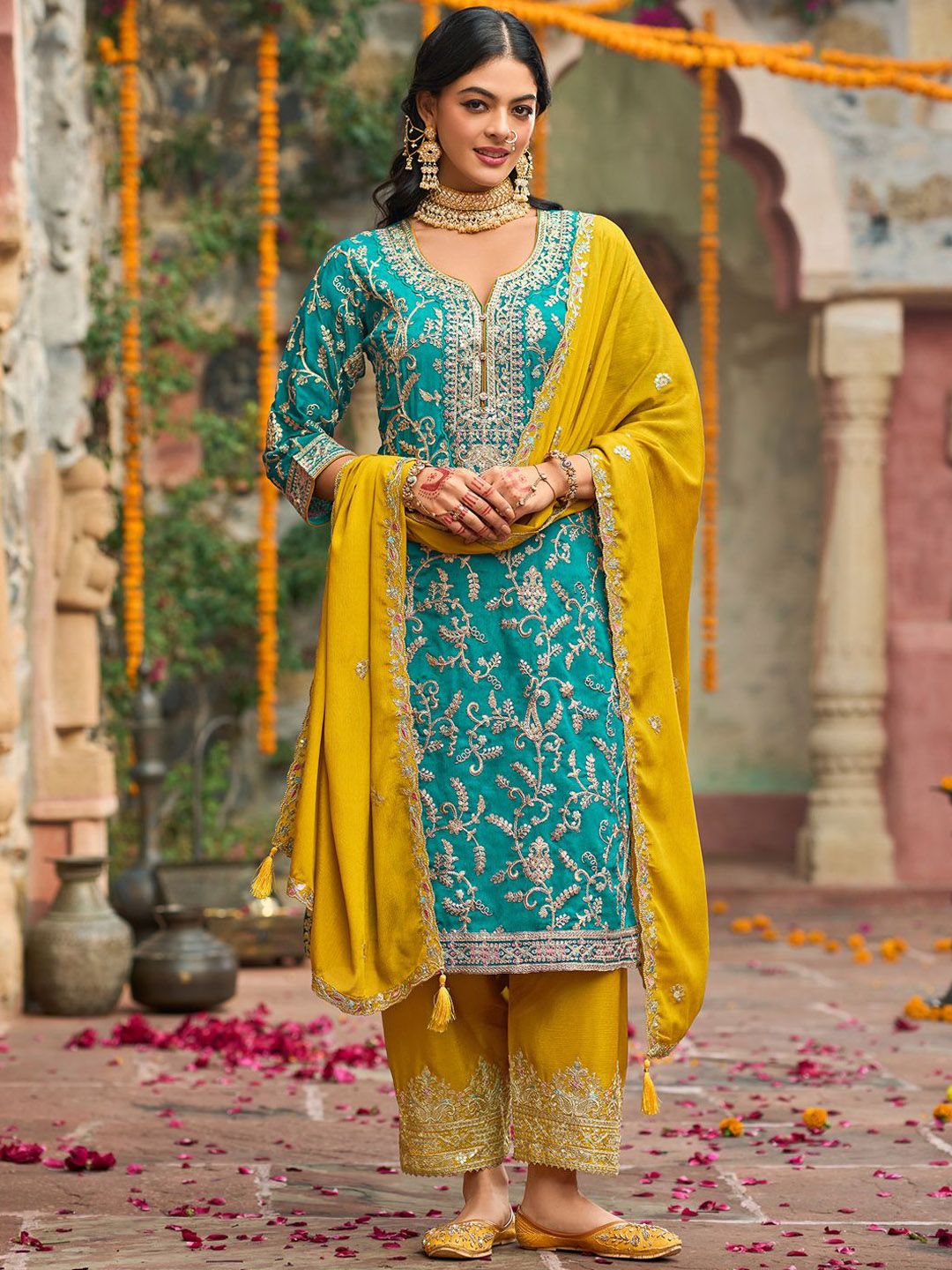 Dhiyona IE Zari Ethnic Motifs Embroidered Notch Neck Straight Kurta With Trousers & Dupatta