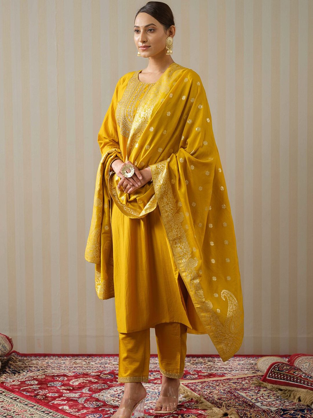 Dhiyona OD  Yellow Ethnic Motifs Straight Kurta & Trousers With Dupatta