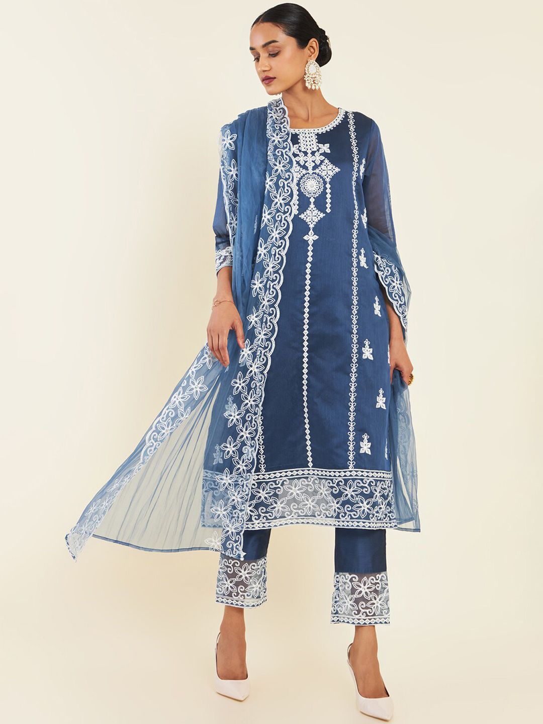 Dhiyona SO Women's Floral Embroidered Thread Work Chanderi Silk Kurta With Trousers & Dupatta