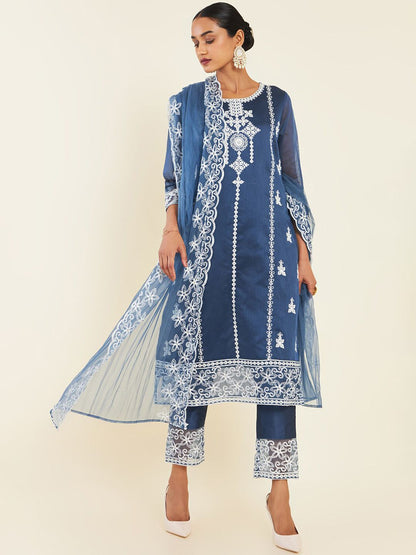 Dhiyona SO Women's Floral Embroidered Thread Work Chanderi Silk Kurta With Trousers & Dupatta