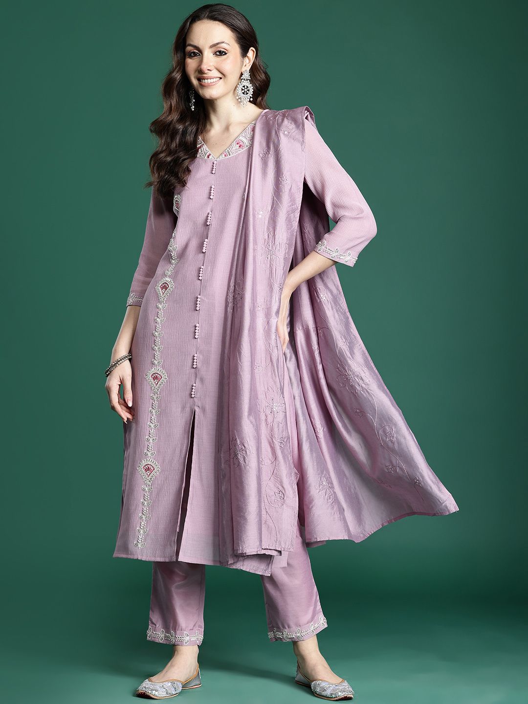 Floral Embroidered Kurta with Trousers & Dupatta