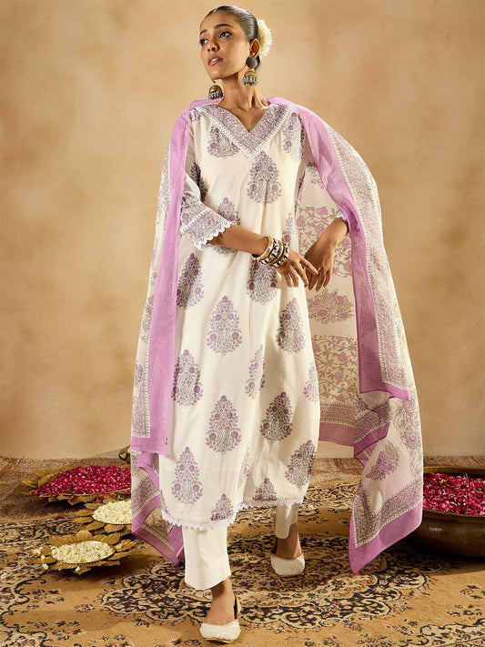 Dhiyona IE Women Floral Printed Regular Sequinned Pure Cotton Kurta with Trousers & With Dupatta
