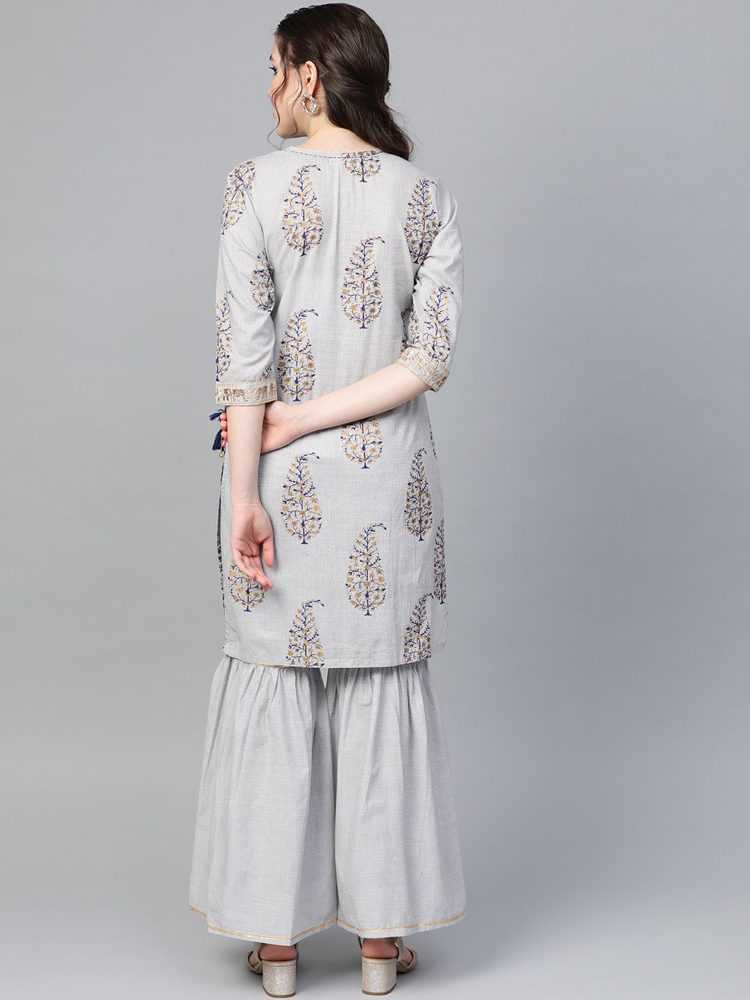 Dhiyona VA Women's Grey & Golden Angrakha Printed Kurti with Sharara