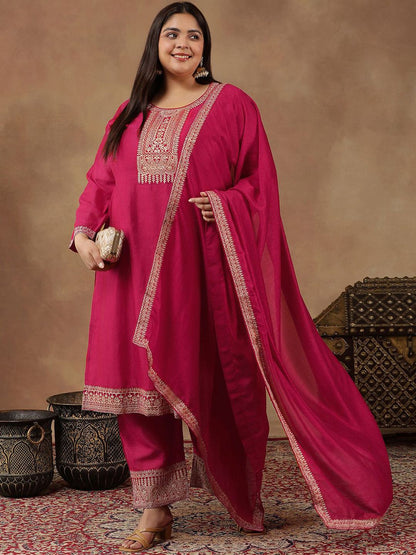 Dhiyona IN Size Ethnic Motifs Embroidered Thread Work Kurta Trousers & With Dupatta