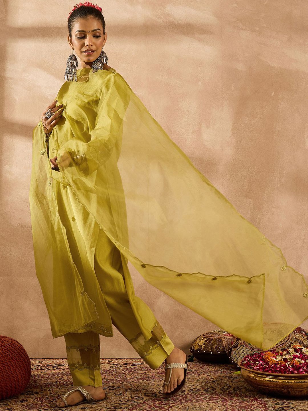 Women Ethnic Motifs Embroidered Regular Liva Kurta with Trousers & With Dupatta