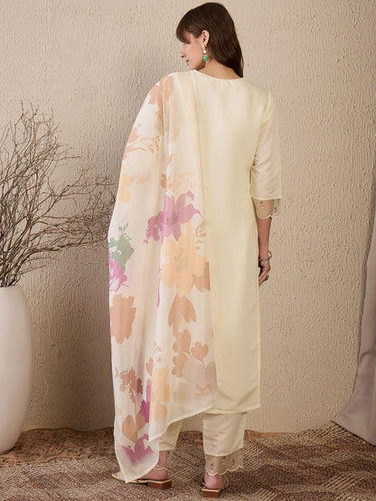 Dhiyona IE Women Floral Embroidered Regular Mirror Work Chanderi Silk Kurta with Trousers & With Dupatta