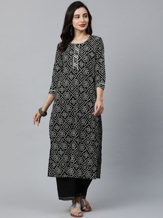 Dhiyona IE Women Black & White Printed Straight Kurta