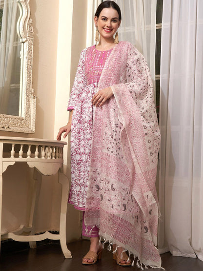 Dhiyona SN Women's Mauve Embroidered Straight Pure Cotton Kurta With Trouser & Dupatta