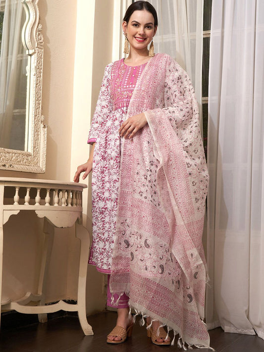 Dhiyona SN Women's Mauve Embroidered Straight Pure Cotton Kurta With Trouser & Dupatta
