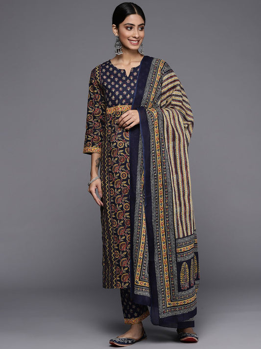 Dhiyona VA Women's Navy Blue Ethnic Motifs Printed Pure Cotton Kurta with Trousers & With Dupatta
