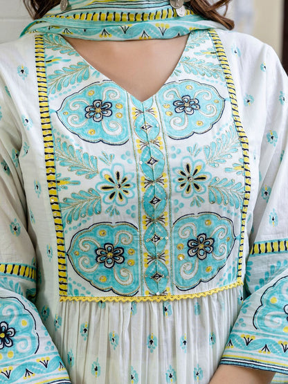 Dhiyona IE Floral Printed V-Neck Pleated Pure Cotton A-Line Kurta With Trouser And Dupatta