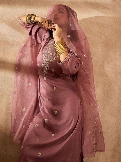 Women Ethnic Motifs Embroidered Regular Sequinned Kurta with Trousers & With Dupatta